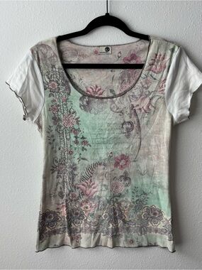 ONE WORLD Mint and Pink Floral Scoop Neck Tee
